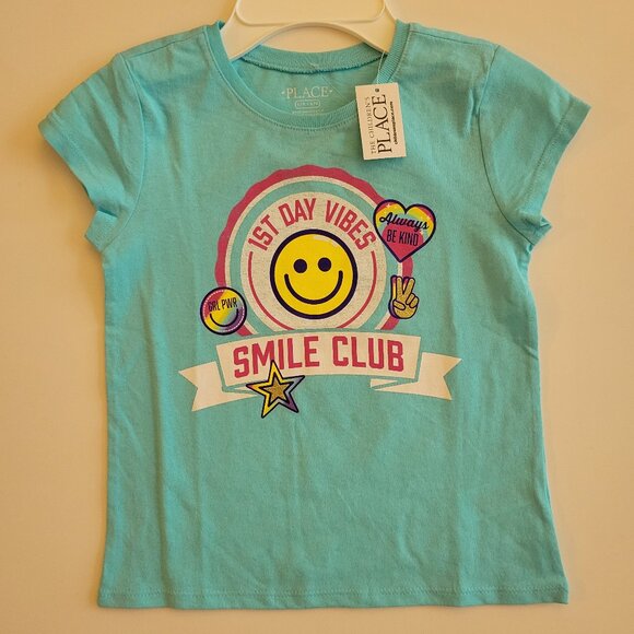 NEW Children's Place Blue Short Sleeve Graphic Tee - Smile Club - Girls Size 5/6 - Picture 1 of 5